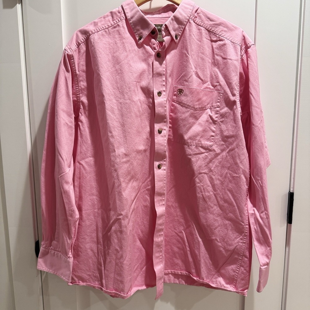 Ariat Mens Solid Pink Twill Button Down Shirt Western Pocket Logo Size XL